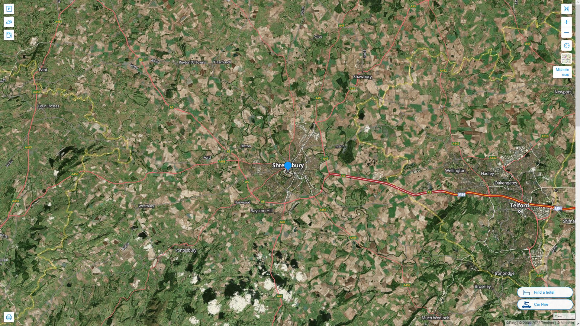 Shrewsbury Royaume Uni Autoroute et carte routiere avec vue satellite